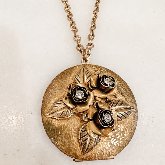 Lenora Dame Gold Rhinestone Floral Locket Necklace - Picture 3 of 8